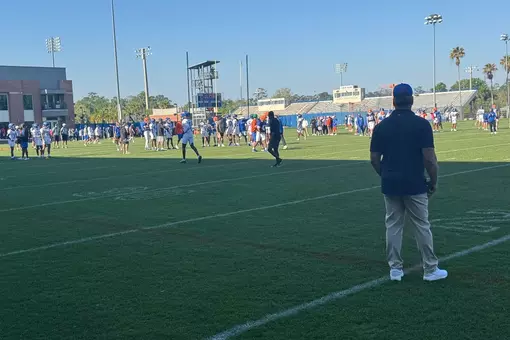 Jon Gruden watching spring practice / 2026 Coaches Clinic
