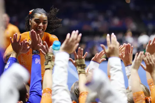 eMjae Frazier celebrates her floor exercise routine at the Southeastern Conference Championship meet 260321