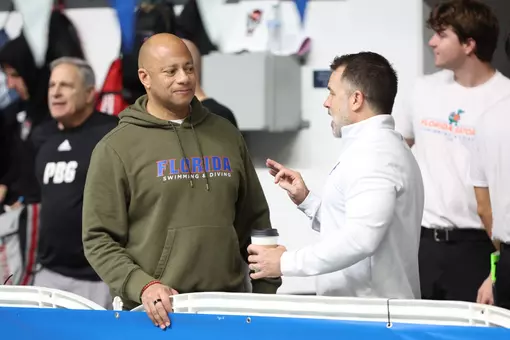 Head Swim Coach Anthony Nesty and Head Dive Coach Bryan Gillooly during the Gators' 2025 Men’s NCAA Championships on Friday, March 28, 2025 at Weyerhaeuser King County Aquatic Center in Federal Way , WA. (Photo by Bryce Mitchell)