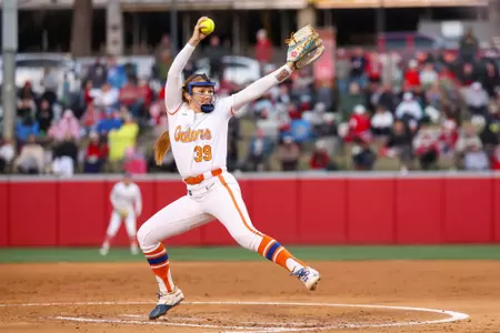 during the Gators' game against the Arkansas Razorbacks on Saturday, March 28, 2026 at Bogle Park in Fayetteville, Ark. / UAA Communications photo by Hannah White