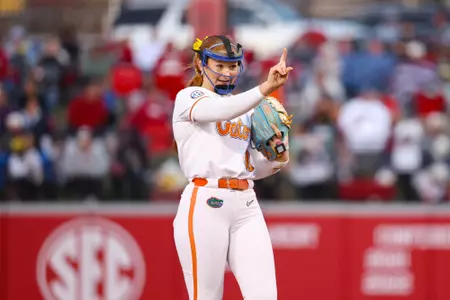 during the Gators' game against the Arkansas Razorbacks on Saturday, March 28, 2026 at Bogle Park in Fayetteville, Ark. / UAA Communications photo by Hannah White