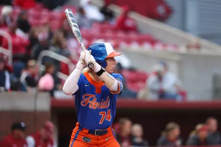 during the Gators' game against the Arkansas Razorbacks on Friday, March 27, 2026 at Bogle Park in Fayetteville, Ark. / UAA Communications photo by Hannah White