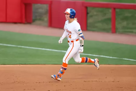 during the Gators' game against the Arkansas Razorbacks on Saturday, March 28, 2026 at Bogle Park in Fayetteville, Ark. / UAA Communications photo by Hannah White
