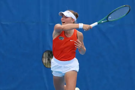 Nikola Daubnerova with the forehand against Mississippi State