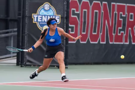 Valery Gynina with the forehand vs. Arkansas in the second round of the 2026 SEC Tournament