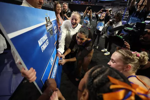 Gators gymnast eMjae Frazier puts helped put Florida into the NCAA Championships on Thursday at Dickies Arena.