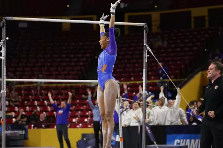 Skye Blakely celebrates after her 10.0 uneven bars routine at the NCAA Tempe Regional 260402