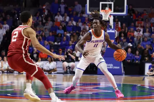 Denzel Aberdeen during the Gators' game against the Sooners on Tuesday, February 18, 2025 at Exactech Arena at the Stephen C. O'Connell Center in Gainesville, FL / UAA Communications photo by Katie Park
