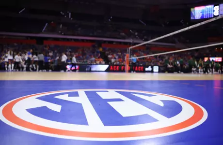 An Orange & Blue SEC logo on the volleyball court during the Gators' match against the Bears on Sunday, September 14, 2025 at Exactech Arena at the Stephen C. O'Connell Center in Gainesville, Fla. / UAA Communications photo by Victoria Riccobono