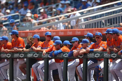The team in the dugout during the Gators' game against the Aggies on Sunday, April 26, 2026 at Condron Family Ballpark in Gainesville, FL / UAA Communications photo by Avery Duffy