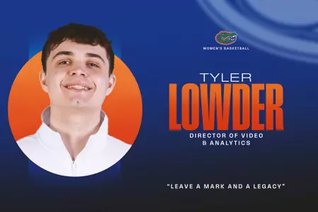 Graphic announcing the hiring of Tyler Lowder as director of video and analytics for women's basketball