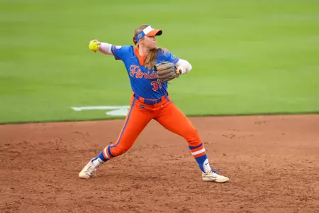 Kenleigh Cahalan fields a ball during the Gators' game against the Georgia Bulldogs on Thursday, April 30, 2026 at Jack Turner Stadium in Athens, GA / UAA Communications photo by Hannah White