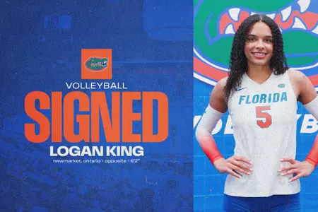 A female smiles in a white Florida jersey on a blue graphic for her signing announcement.