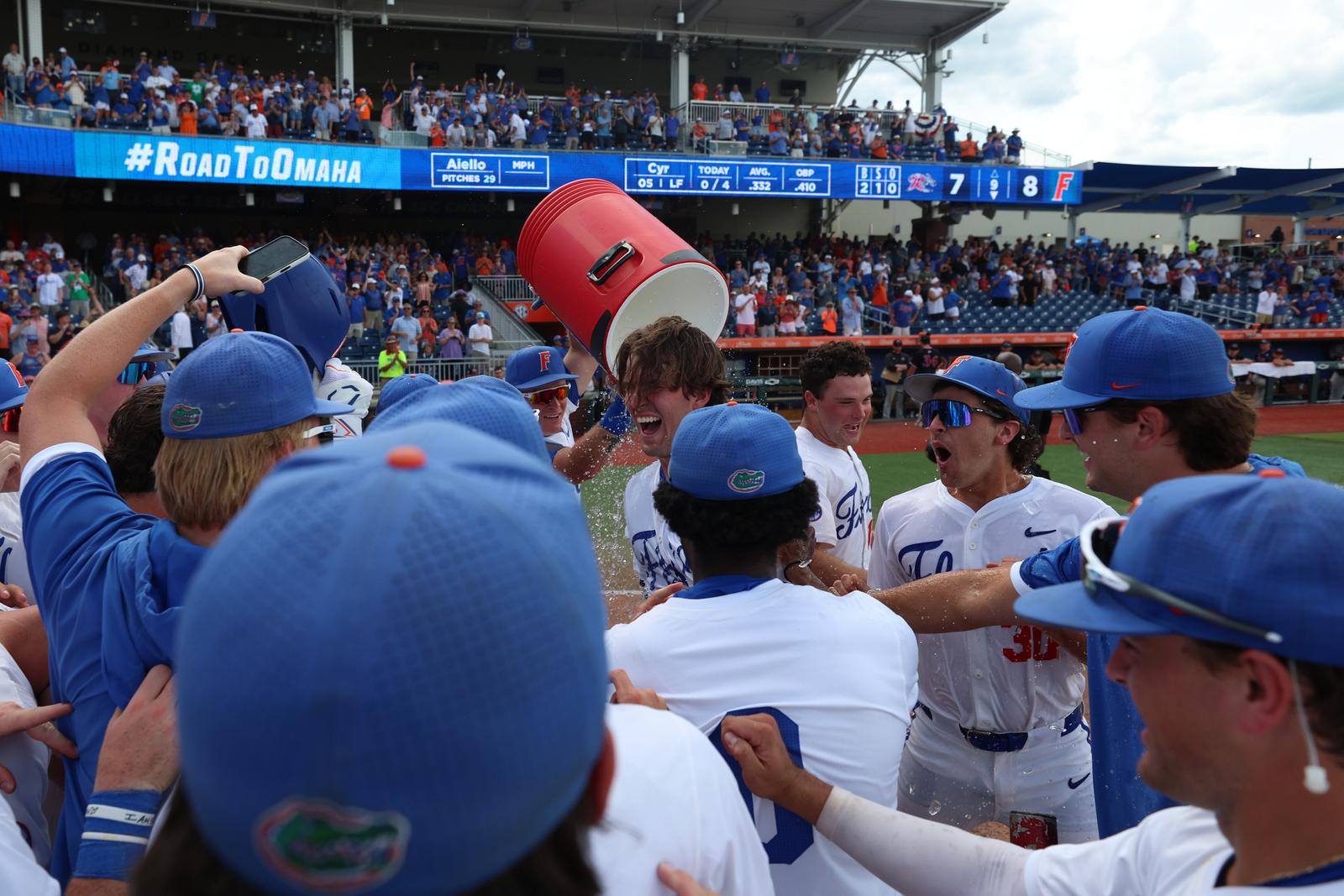 Florida sophomore infielder Brendan Lawson celebrates a walk-off home run during the Gators' game against the Broncs on Friday, May 29, 2026 at Condron Family Ballpark in Gainesville, FL / UAA Communications photo by Madilyn Gemme