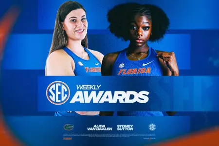Two female track and field athletes stand side by side in blue uniforms behind a text that reads "SEC Weekly Awards" with the names Alida van Daalen and Sydney Sutton