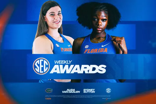 Two female track and field athletes stand side by side in blue uniforms behind a text that reads "SEC Weekly Awards" with the names Alida van Daalen and Sydney Sutton