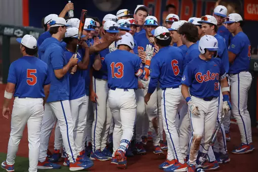 Florida junior infielder Landon Stripling celebrates with his teammates during the Gators' game against the Ospreys on Tuesday, May 5, 2026 at Condron Family Ballpark in Gainesville, FL / UAA Communications photo by Maddie Washburn