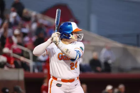 during the Gators' game against the Arkansas Razorbacks on Saturday, March 28, 2026 at Bogle Park in Fayetteville, Ark. / UAA Communications photo by Hannah White
