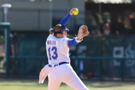 Olivia Miller during the Gators' game against Kansas on Sunday, February 8, 2026 at USF Softball Stadium in Tampa, FL / UAA Communications photo by Hannah White