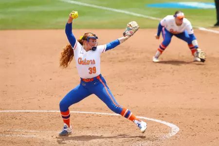 Katelynn Oxley pitching against Texas Tech in the Gainesville Super Regional