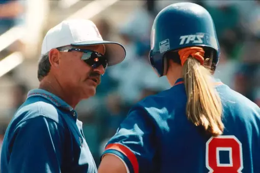 University of Florida softball coach Larry Ray with Lora Pinkerton during 1997 season