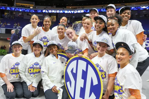 Florida gymnastics celebrates its 2026 Southeastern Conference Championship meet title