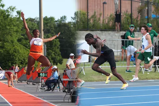 An athlete in orange and white jumps into a sand pit, an athlete in black runs on a gray track