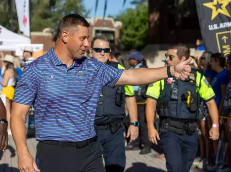 Gators head coach Jon Sumrall arrives at the Orange & Blue Game.