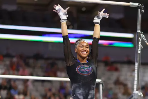 Skye Blakely salutes after her uneven bars routine at the 2026 NCAA Championships semifinals