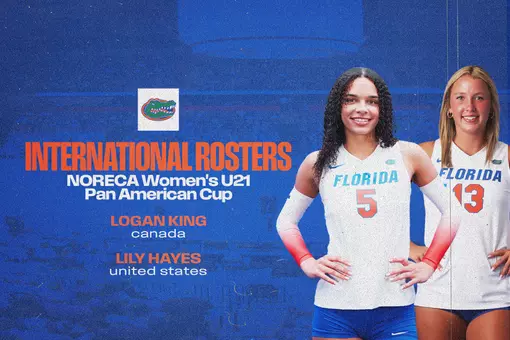 Two female athletes in white Florida jerseys are on a graphic with a blue background