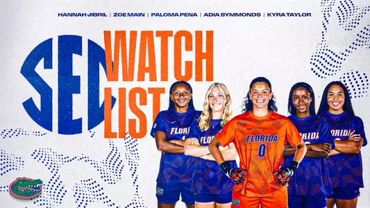 Five Gators on 2026 SEC Soccer Preseason Watchlist (from left) - Hannah Jibril, Zoe Main, Paloma Peña, Adia Symmonds, Kyra Taylor