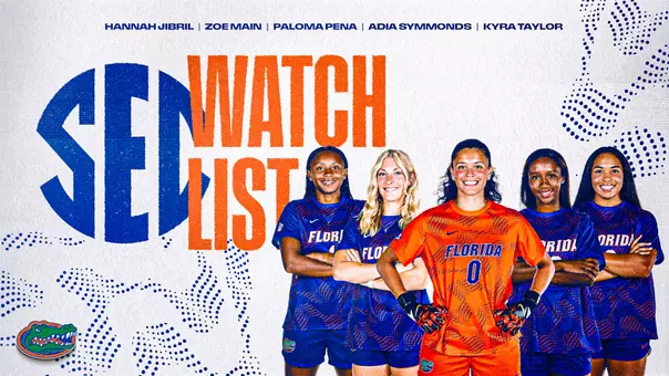 Five Gators on 2026 SEC Soccer Preseason Watchlist (from left) - Hannah Jibril, Zoe Main, Paloma Peña, Adia Symmonds, Kyra Taylor