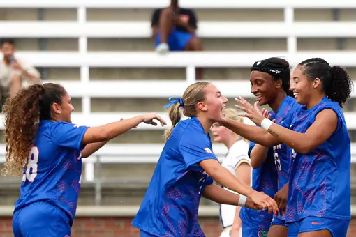 Gators celebrate a goal versus FIU (from left): Carlota Martins, Sophia Sindelar, Lena Bailey and Kyra Taylor 260808