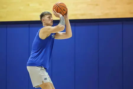 Arturas Butajevas takes a shot during the Gators' summer workout on Monday, June 15, 2026 at basketball practice facility in Gainesville, FL / UAA Communications photo by Maddie Washburn