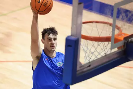 Jones Lay takes a shot in the lane during the Gators' summer workout on Monday, June 15, 2026 at basketball practice facility in Gainesville, FL / UAA Communications photo by Maddie Washburn