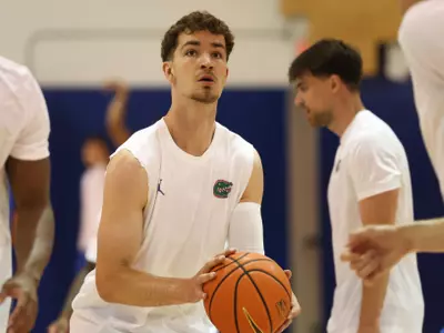 Domen Petrovic takes a shot during the Gators' workout on Monday, June 8, 2026 at the basketball practice facility in Gainesville, FL / UAA Communications photo by Maddie Washburn