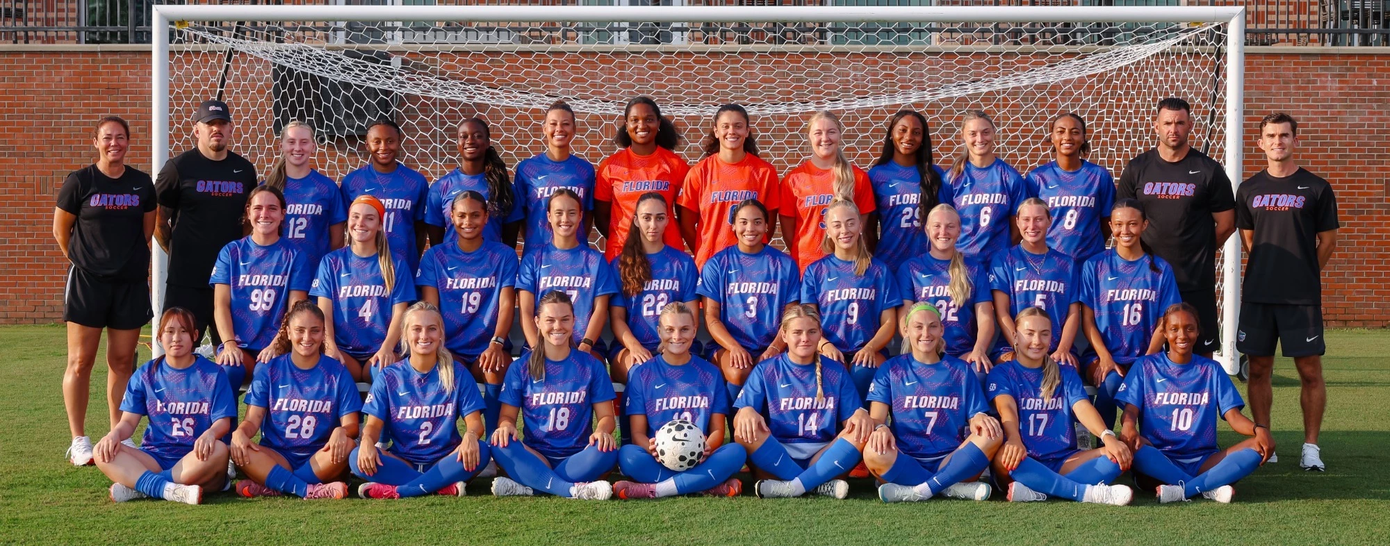 2026 University of Florida soccer team (front row from left): Iori Watanabe, Carlota Martins, Ella Petersen, Kelsey Smith, Emma Duval, Tatum Borman, Zoe Main, Sophia Sindelar, Adia Symmonds. Second row: Katie Johnston, Addison Dean, Lael Hill, Norah Abbott, Montelene Dymond, Kyra Taylor, Addy Hess, Nylah Norris, Mia Gray, Courtney Hogan. Back row: Assistant Coach Kerri Hanks Petersen, Associate Head Coach Jonathan Garbar, Charlotte Grim, Hannah Jibril, Conamora Ndana, Skye Barnes, Jayden Emmanuel, Paloma Peña, Paris Bice, Lena Bailey, Avery Upton, Breahn Fisher, Head Coach Nick Zimmerman, Assistant Coach David Styles