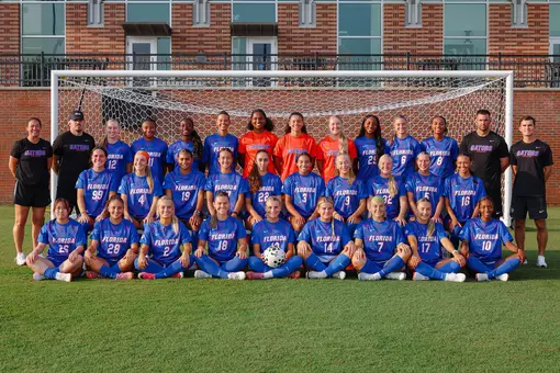 2026 University of Florida soccer team (front row from left): Iori Watanabe, Carlota Martins, Ella Petersen, Kelsey Smith, Emma Duval, Tatum Borman, Zoe Main, Sophia Sindelar, Adia Symmonds. Second row: Katie Johnston, Addison Dean, Lael Hill, Norah Abbott, Montelene Dymond, Kyra Taylor, Addy Hess, Nylah Norris, Mia Gray, Courtney Hogan. Back row: Assistant Coach Kerri Hanks Petersen, Associate Head Coach Jonathan Garbar, Charlotte Grim, Hannah Jibril, Conamora Ndana, Skye Barnes, Jayden Emmanuel, Paloma Peña, Paris Bice, Lena Bailey, Avery Upton, Breahn Fisher, Head Coach Nick Zimmerman, Assistant Coach David Styles