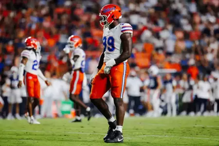 Oyebadejo, Emannuel ready to rush the quarterback in Florida's 44-39 win at Jordan-Hare Stadium.