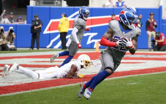 Bills safety C.J. Gardner-Johnson intercepts a pass near the end zone and runs it back to midfield against the Chargers during