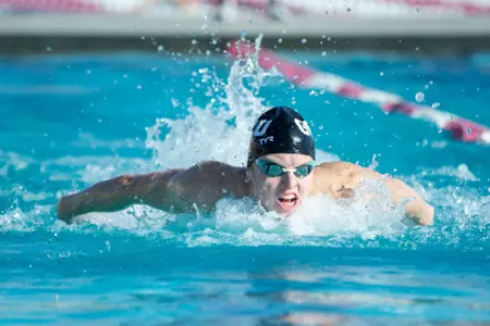 Men's swimmer middle of the race action shot