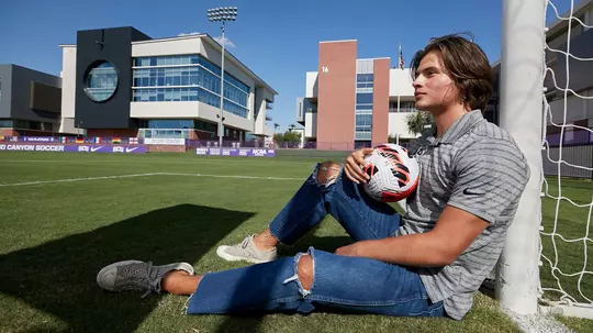 PHOENIX, AZ - Aug, 26: Former GCU soccer player Rafael Guerrero at GCU Stadium. Guerrero was injured in the final minute of their September 2021 game against Seattle U, ending his soccer career.