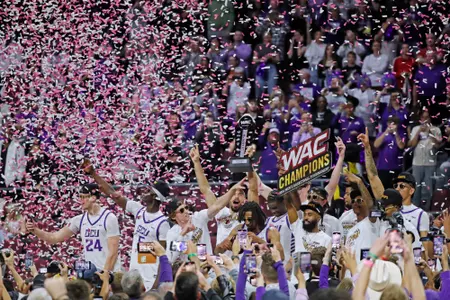 Las Vegas, NV March 16 2024 : GCU beats UT Arlington 89-74 to win the WAC Championship for the second year in a row. The Lopes will advance to the NCAA Tournament. David Kadlubowski/GCU