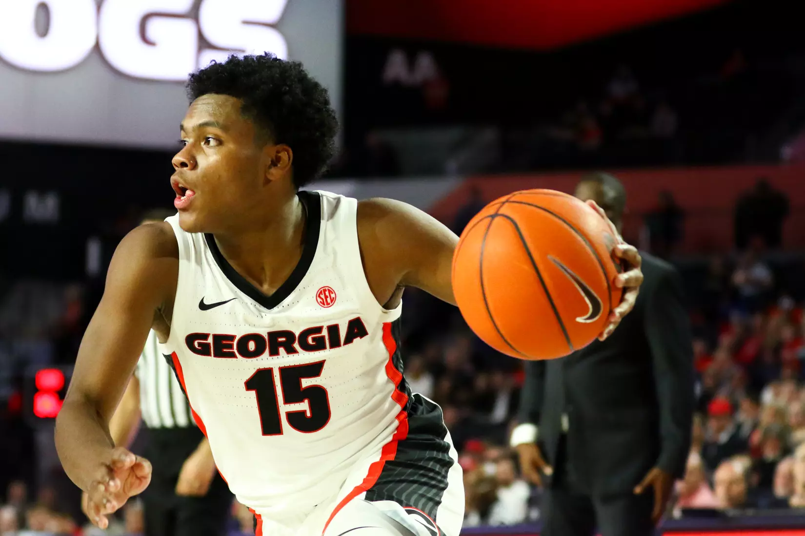 Georgia basketball player Sahvir Wheeler (15) during a game against North Carolina Central at Stegeman Coliseum in Athens, Ga., on Wednesday, Dec. 4, 2019. (Photo by Tony Walsh)