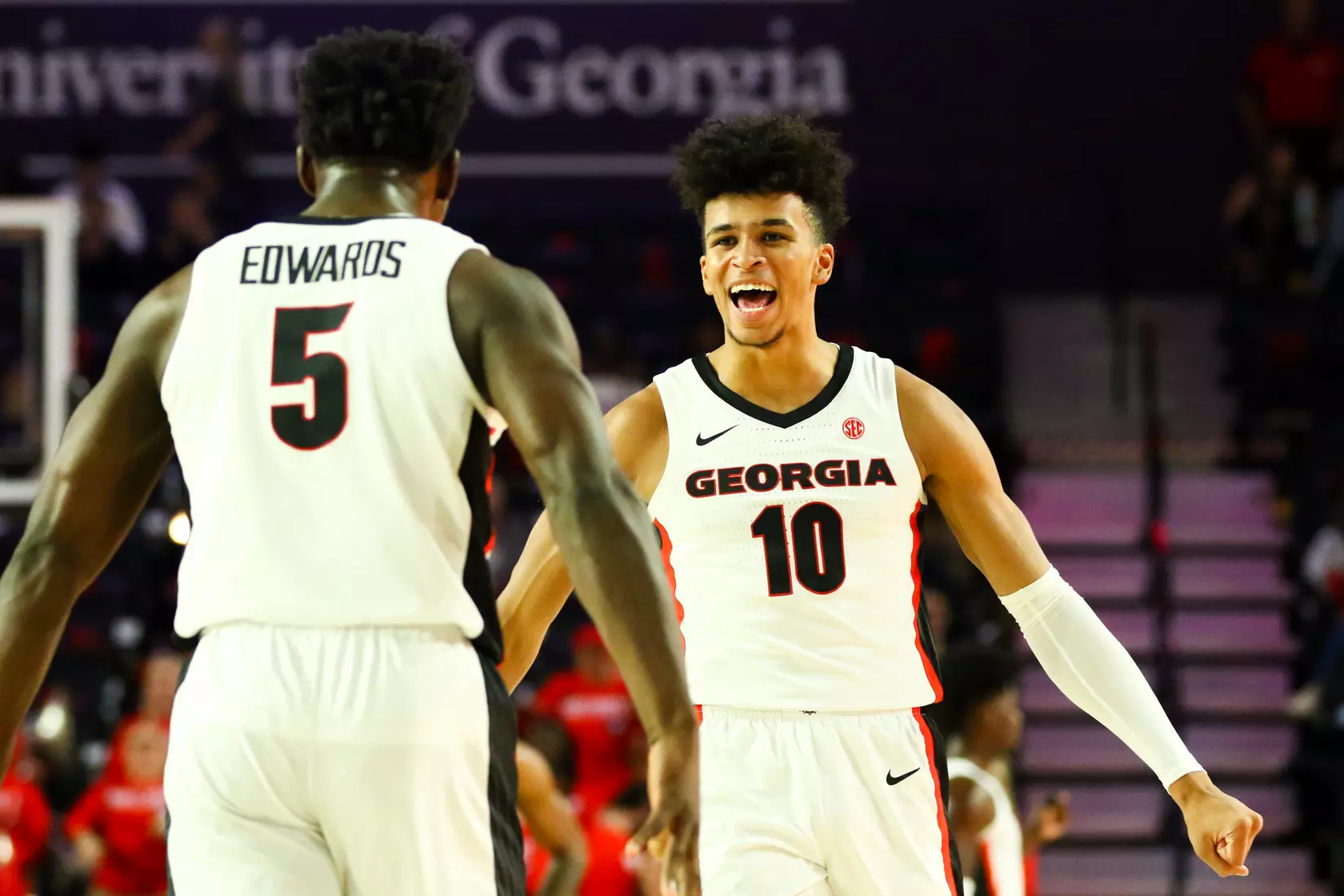 Georgia basketball player Anthony Edwards (5), Georgia basketball player Toumani Camara (10) during a game against North Carolina Central at Stegeman Coliseum in Athens, Ga., on Wednesday, Dec. 4, 2019. (Photo by Tony Walsh)