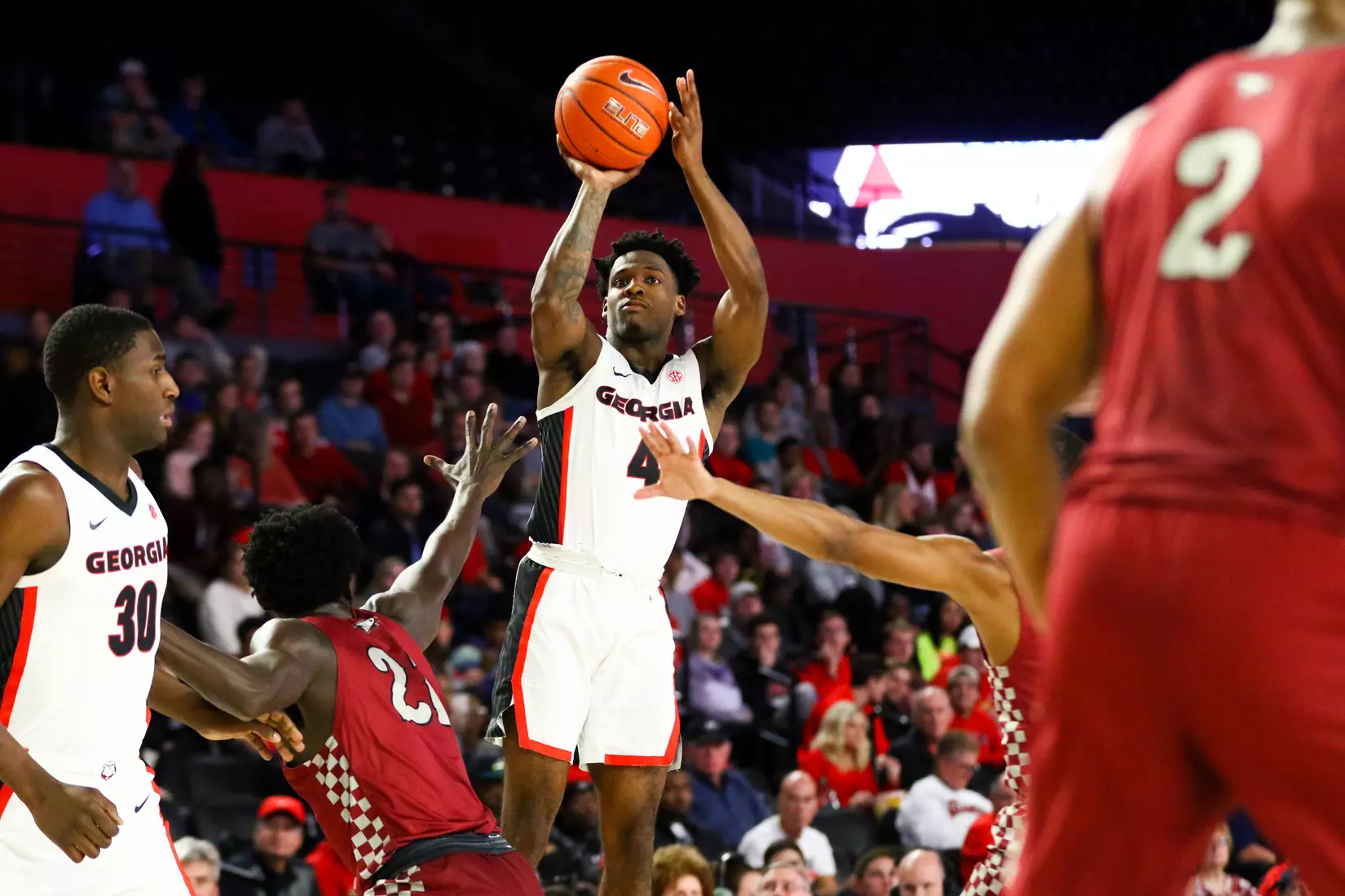 Georgia basketball player Tyree Crump (4) during a game against North Carolina Central at Stegeman Coliseum in Athens, Ga., on Wednesday, Dec. 4, 2019. (Photo by Tony Walsh)