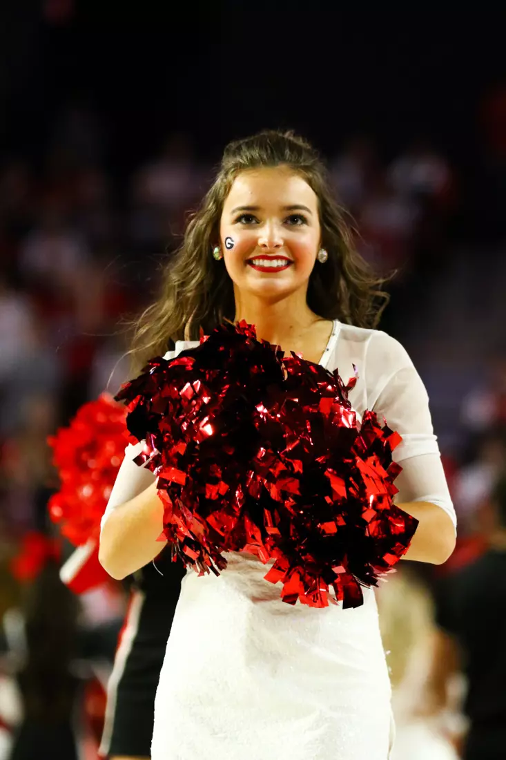 A cheerleader during a game against Western Carolina in Stegeman Coliseum in Athens, Ga., on Tuesday, Nov. 5, 2019. (Photo by Tony Walsh)