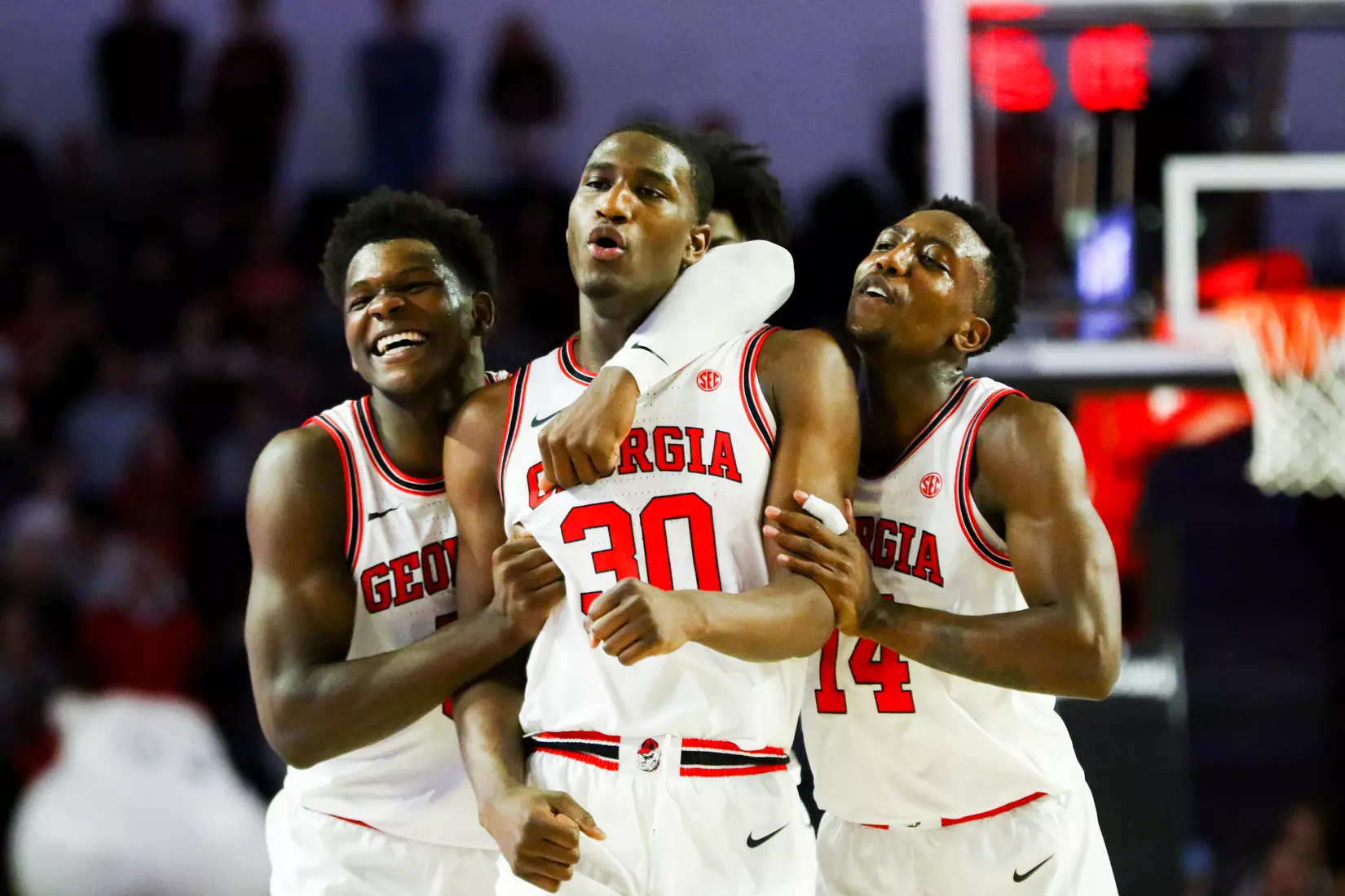 Georgia basketball player Anthony Edwards (5), Georgia basketball player Mike Peake (30), Georgia basketball player Tye Fagan (14) during a game against Alabama at Stegeman Coliseum in Athens, Ga., on Sat., Feb. 8, 2020. (Photo by Tony Walsh)