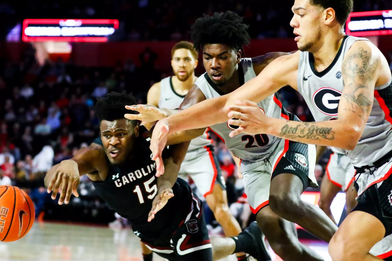 Georgia basketball player Rayshaun Hammonds (20), Georgia basketball player Rodney Howard (24) during a game against South Carolina at Stegeman Coliseum in Athens, Ga., on Wed., Feb. 12, 2020. (Photo by Tony Walsh)