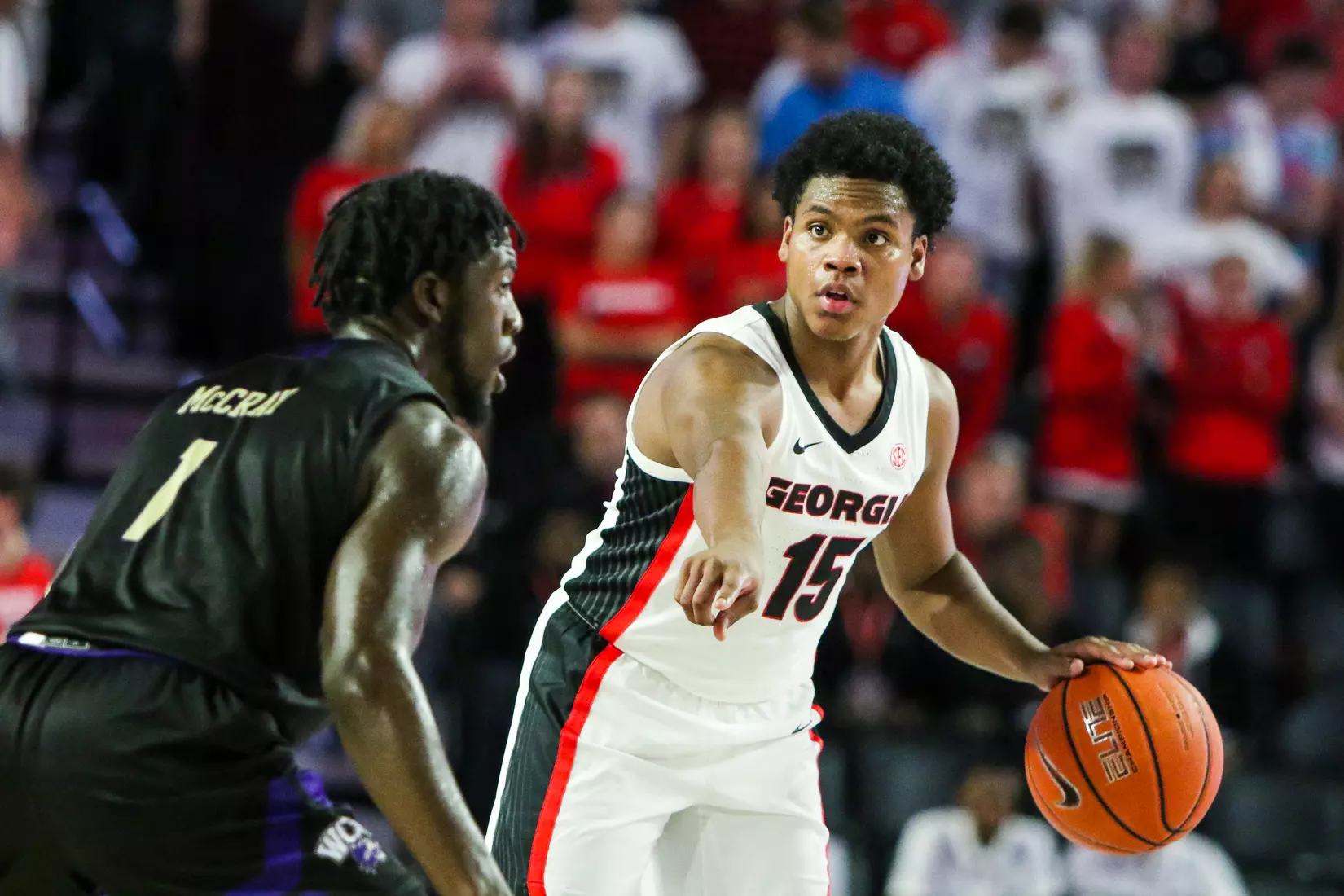 Georgia basketball player Sahvir Wheeler (15) during a game against Western Carolina in Stegeman Coliseum on Tuesday, Nov. 5, 2019. (Photo by Chamberlain Smith)